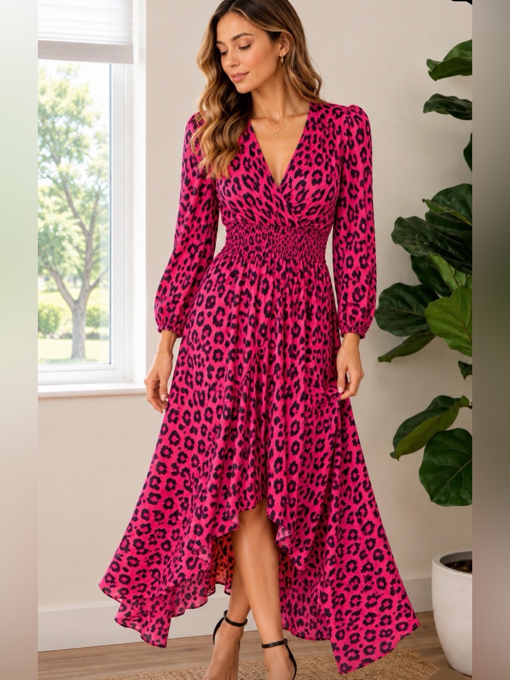 Maje Pink Black Leopard Print Smocked Waist Maxi Dress Size 36